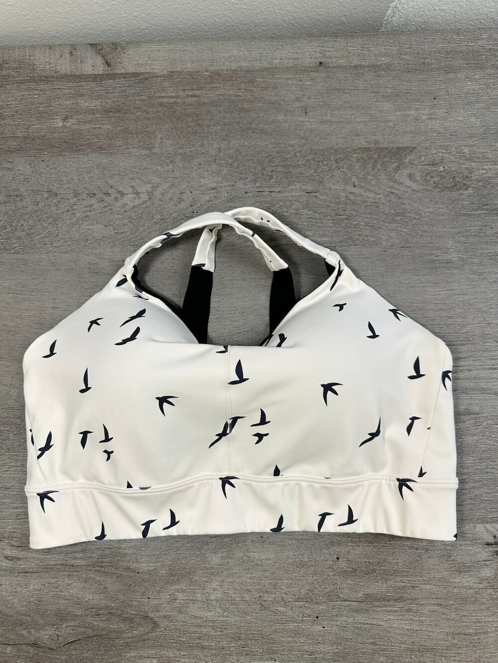 Oiselle Queen Bra White Black Birds 38D Sports Bra